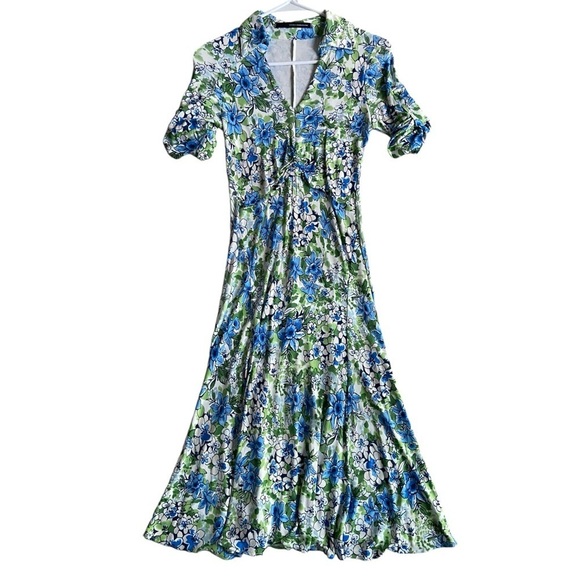 Atos Lombardini Blue Green Floral Maxi Dress Collared V-Neck Size 46 Flowy Italy - Picture 1 of 7